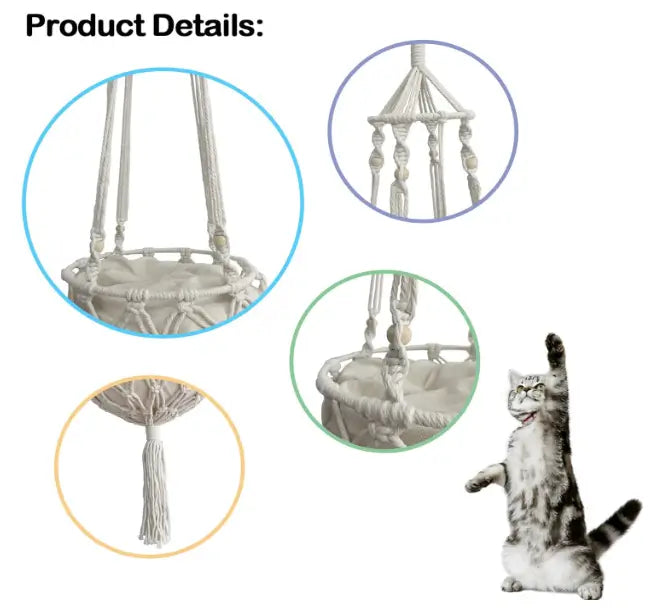 Macrame Hanging Cat Hammock Bed with Soft Cushion | Cozy Boho Elevated Bed for Indoor Cats