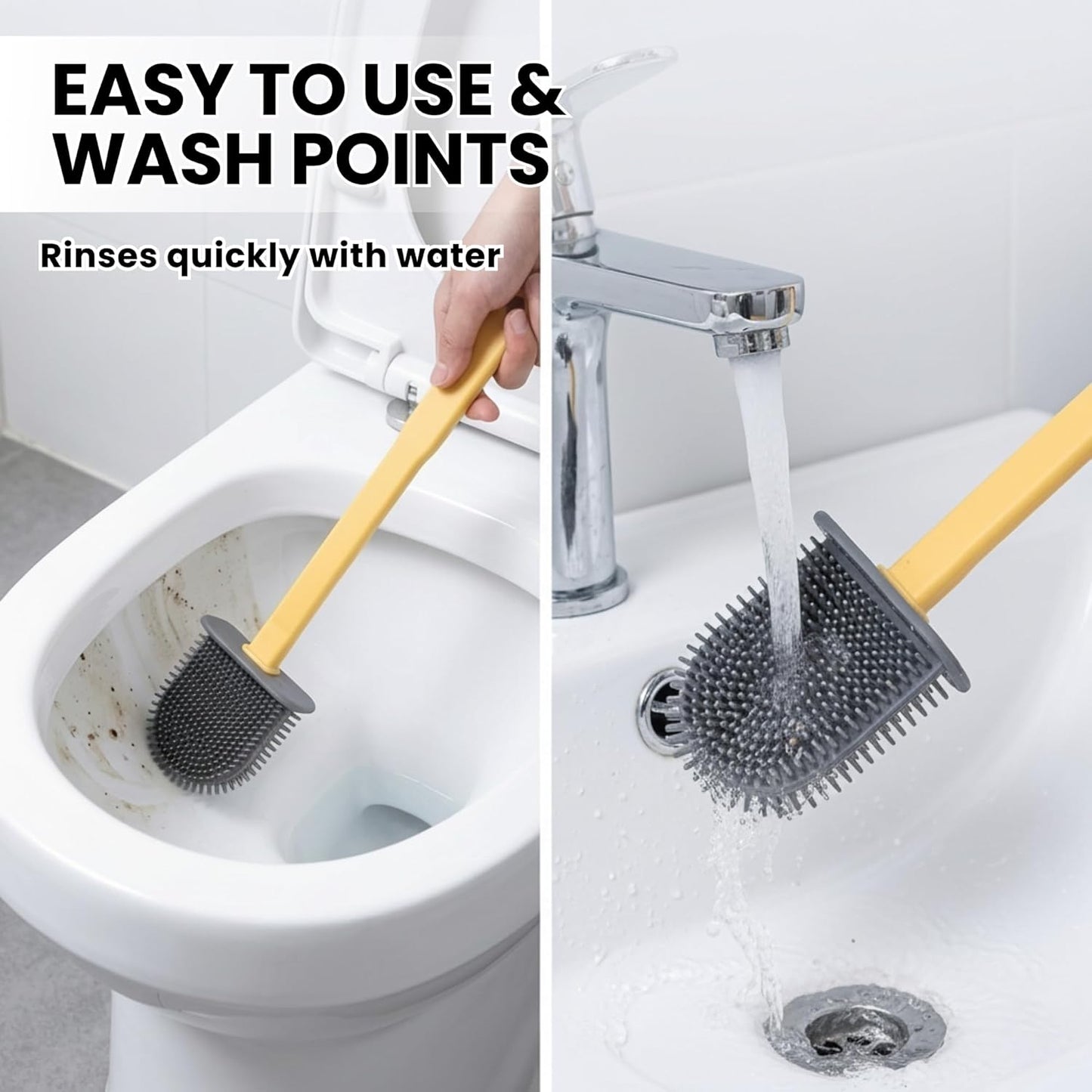 Silicone Toilet Brush with Quick-Dry Holder | Flexible Soft Bristle 360° Deep Cleaning Toilet Brush