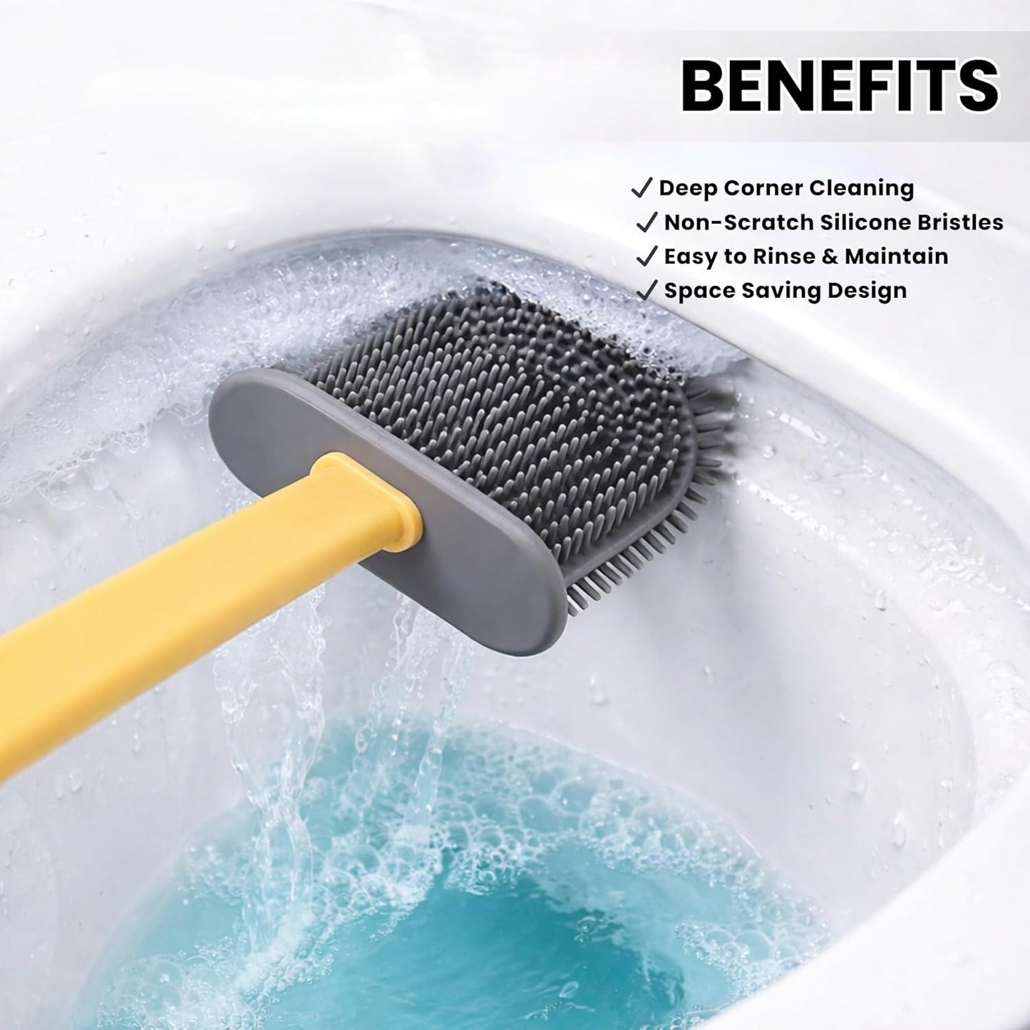 Silicone Toilet Brush with Quick-Dry Holder | Flexible Soft Bristle 360° Deep Cleaning Toilet Brush