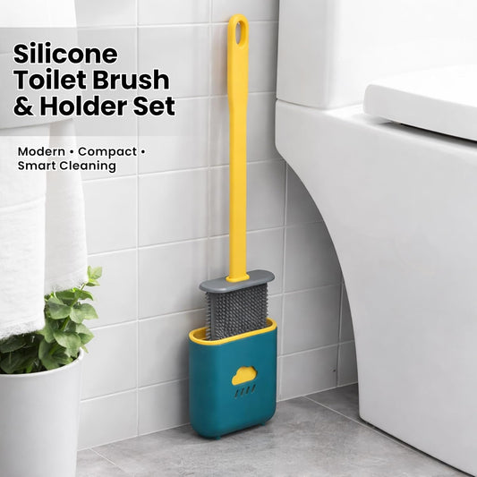 Silicone Toilet Brush with Quick-Dry Holder | Flexible Soft Bristle 360° Deep Cleaning Toilet Brush