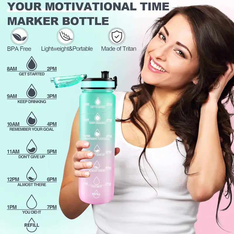Motivational Water Bottle with Straw & Time Marker – 1L Leakproof | BPA-Free Sports Bottle