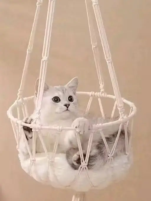 Macrame Hanging Cat Hammock Bed with Soft Cushion | Cozy Boho Elevated Bed for Indoor Cats