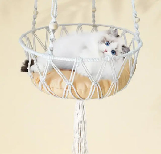Macrame Hanging Cat Hammock Bed with Soft Cushion | Cozy Boho Elevated Bed for Indoor Cats