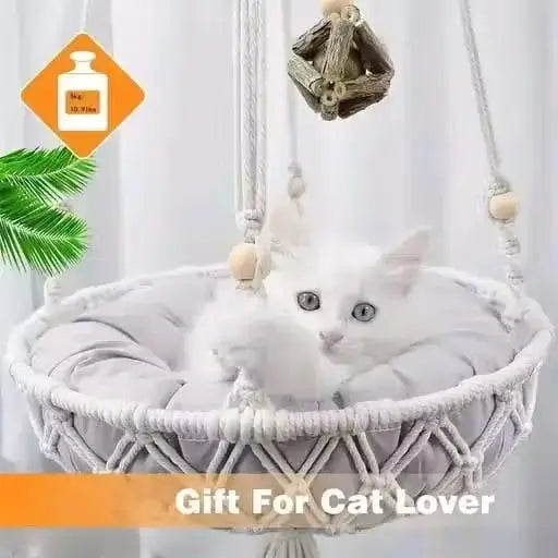 Macrame Hanging Cat Hammock Bed with Soft Cushion | Cozy Boho Elevated Bed for Indoor Cats