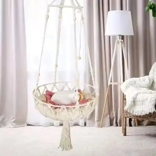 Macrame Hanging Cat Hammock Bed with Soft Cushion | Cozy Boho Elevated Bed for Indoor Cats
